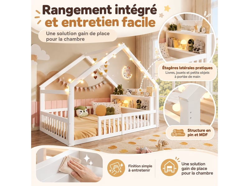  Lit cabane enfant 140 x 190 cm en pin avec guirlande led, barrières et étagères latérales gain de place, blanc  - Conforama D