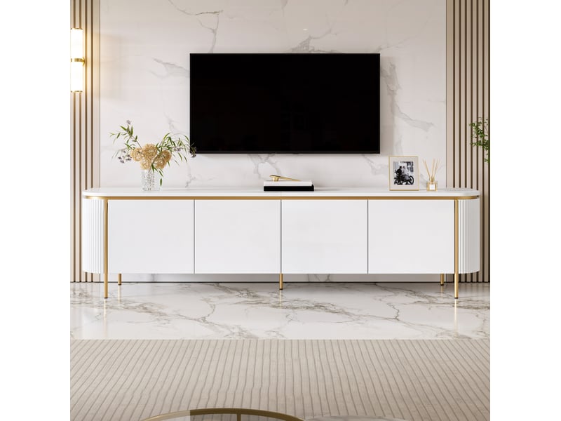  Meuble tv 6 portes sans poignées, passe-câbles, pieds en fer et extrémités arrondies, mdf blanc 180 × 38 × 46 cm  - Conforama B