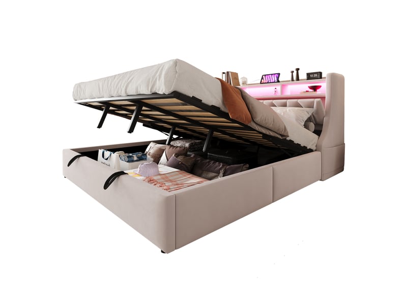  Lit double 180 × 200 cm coffre hydraulique avec tête de lit relevable, led, prises et rangements pour chambre, beige  - Conforama A