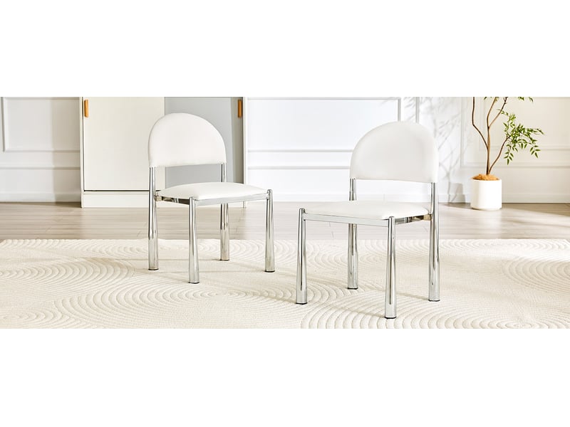  Lot de 2 chaises de salle à manger modernes blanches avec dossier semi-circulaire, revêtement en polyuréthane, pieds en métal  - Conforama D
