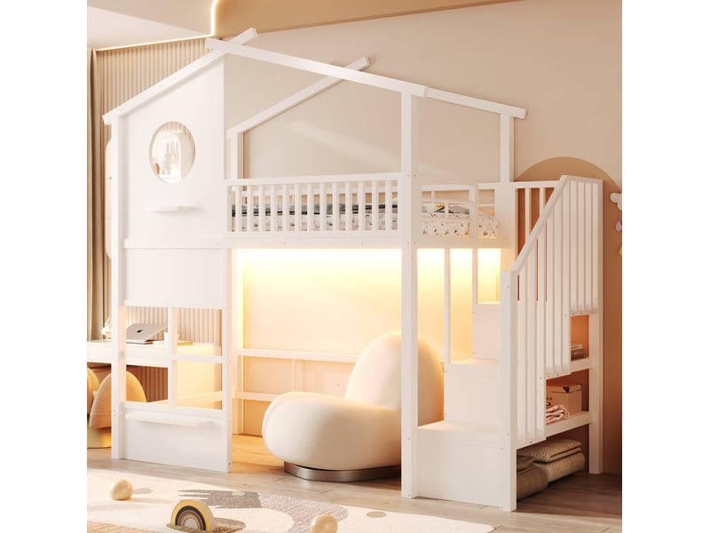  Lit mezzanine enfant 90x200 cm en forme de maison avec escalier de rangement et led  - Conforama B