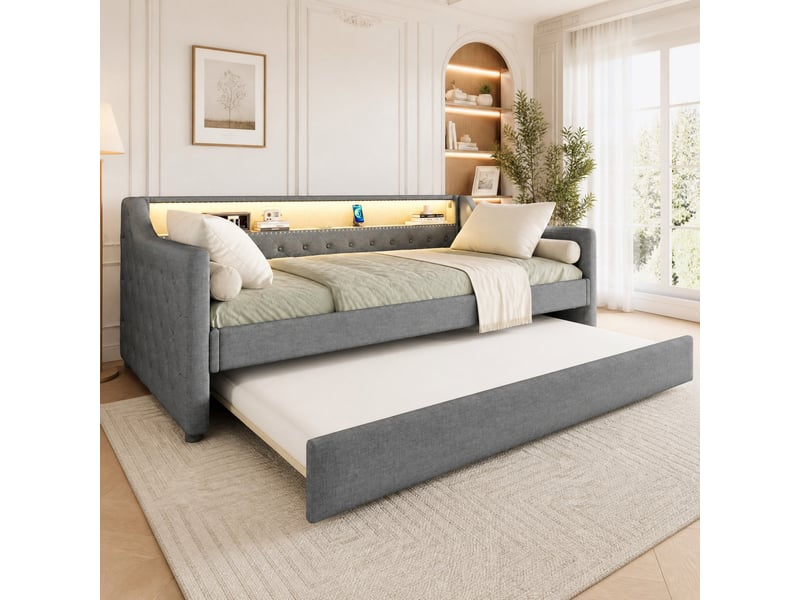  Lit gigogne 90x200 cm avec led et port usb mdf gris sans matelas  - Conforama B