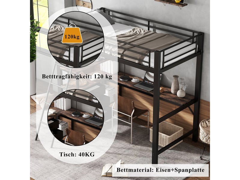  Lit superposé enfant 90x200cm en métal et panneau bois noir et noyer foncé avec bureau 2m et 3 tiroirs  - Conforama D