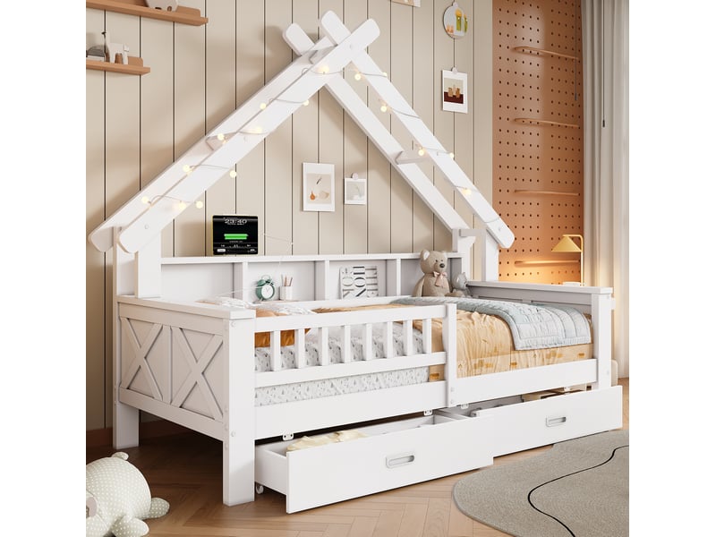  Lit cabane enfant 90x200 cm avec led, rangements et barrière de protection, blanc  - Conforama B