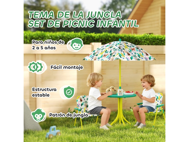  Ensemble table et chaises de jardin pour enfants 4 pièces, chaises pliantes, parasol amovible, motif jungle verte  - Conforama E