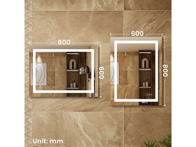  Miroir led 80 x 60 cm, miroir lumineux rectangulaire, 3 températures de couleur 3000k4500k6000k, luminosité réglable, fonction antibuée, miroir mural  - Conforama E