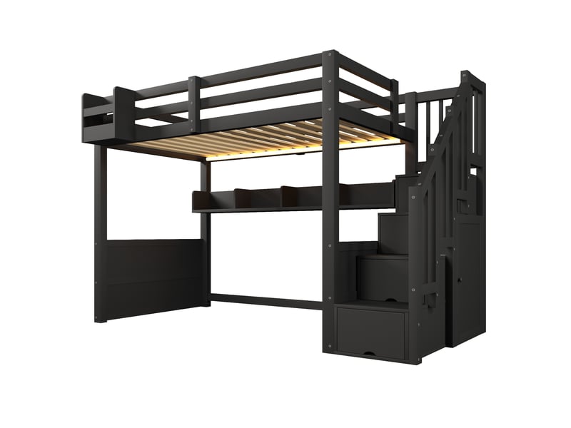  Lit mezzanine 90x200 cm – avec escalier rangement led et 4 compartiments – pin massif et mdf – noir CozyNest - Conforama A