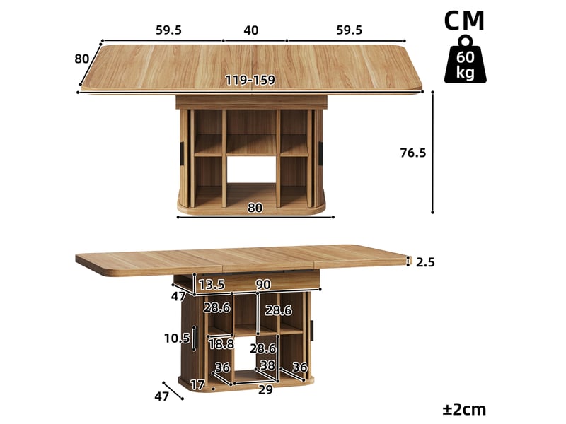  Table à manger extensible 119-159x80x76,5 cm, 2 portes coulissantes et de 6 compartiments, 4 à 6 personnes - marron  - Conforama C