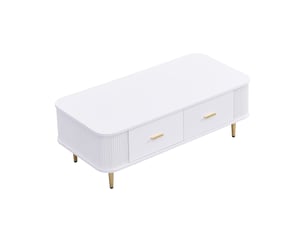 Table basse 105x51x38 cm avec 4 tiroirs sur deux côtés, angles arrondis et façades rainurées, mdf, blanc et doré
