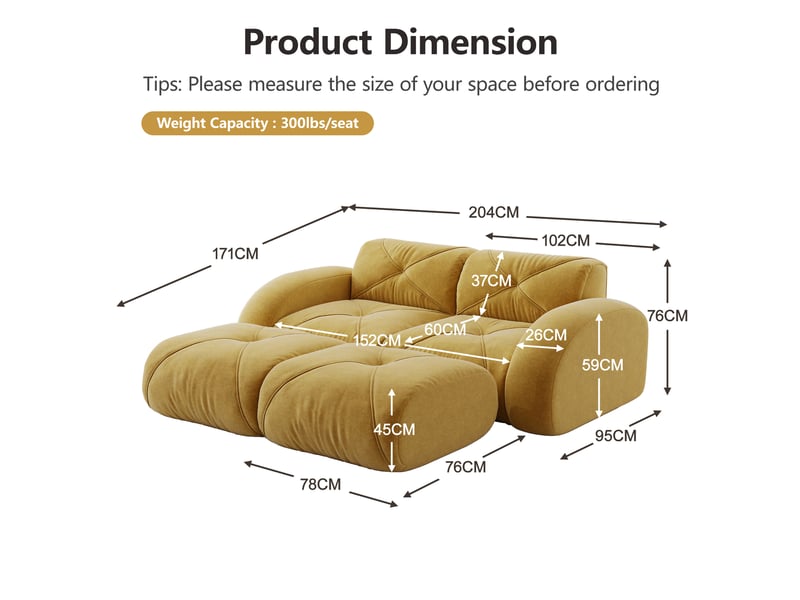  Canapé modulaire jaune 2 places + 2 poufs, sans armature, antidérapant, sans montage.  - Conforama C