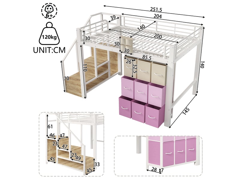  Lit mezzanine 140×200 cm sans matelas, structure métal, tiroirs, penderie, échelle de rangement, blanc  - Conforama B