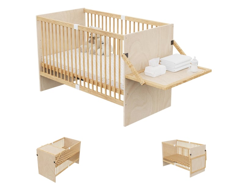  Lit bébé 70x140 cm avec table à langer pliable en bois de pin, naturel  - Conforama A