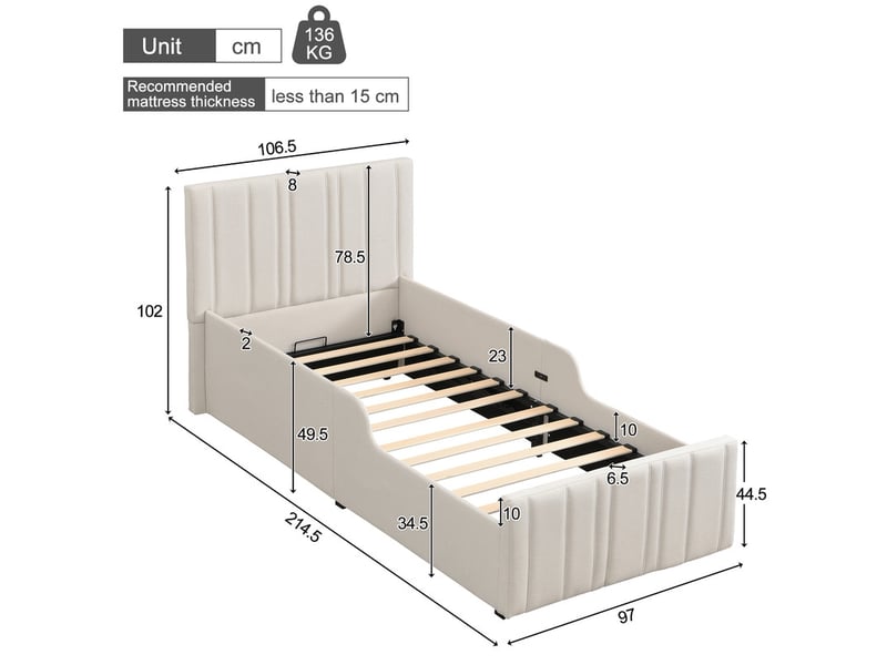 Lit enfant rembourré avec coffre de rangement - avec tête de lit capitonnée - sommier à lattes - lin - beige (sans matelas) - Conforama C
