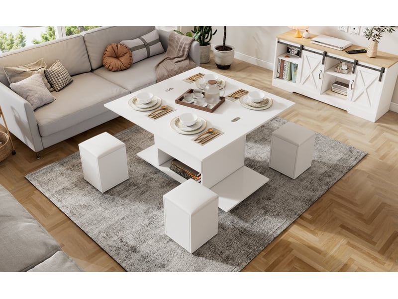  Table basse plateau relevable 3 en 1 avec 4 tabourets, convertible en table à manger, 100x50x48cm, panneau de particules, blanc  - Conforama B