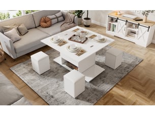 Table basse plateau relevable 3 en 1 avec 4 tabourets, convertible en table à manger, 100x50x48cm, panneau de particules, blanc