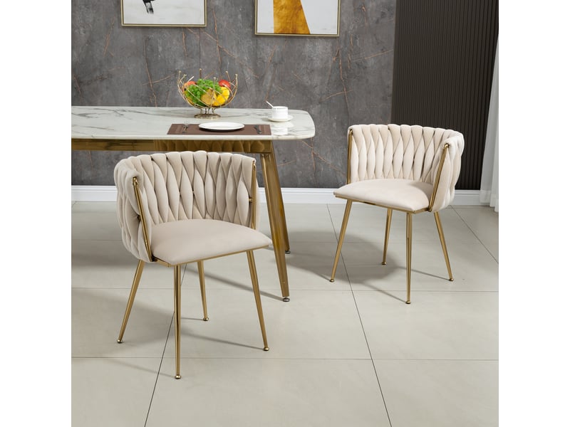  Lot de 2 chaises de salle à manger 55.5x50x74cm – design tissé à la main avec pieds en métal doré – velours - blanc ivoire  - Conforama B