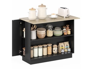 Îlot de cuisine 2 placards 2 étagères ouvertes noir et effet bois 105 x 60 x 82 cm