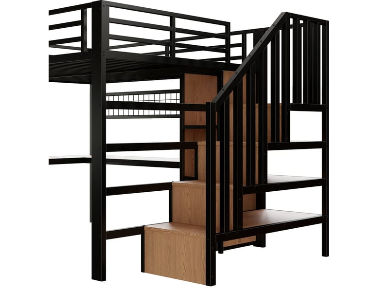  Lit mezzanine fer 140x200 cm étagère 4 tiroirs grille suspension led bureau escalier rangement noir sans matelas  - Conforama E