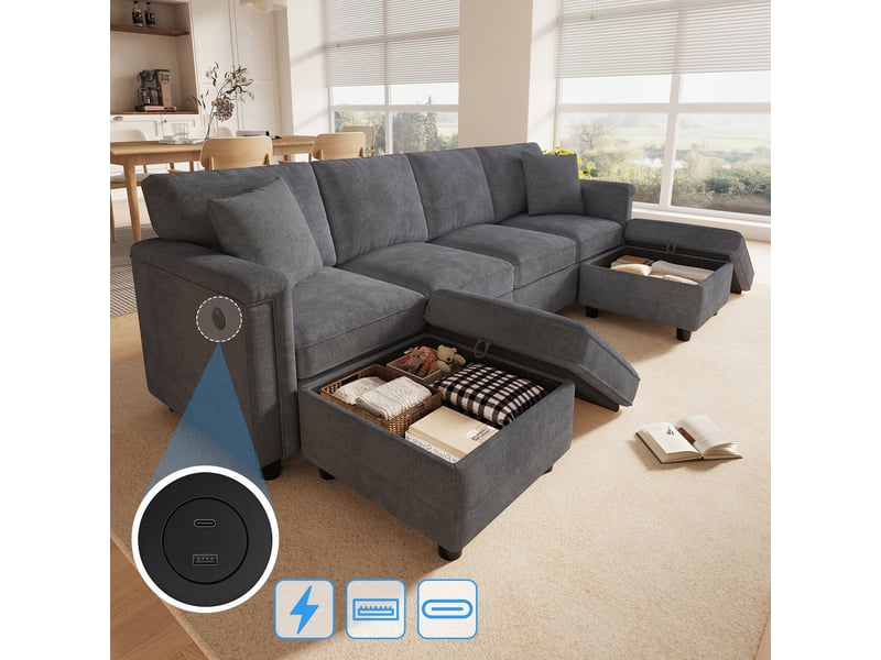  Canapé d'angle modulable 4 places 261x134x82 cm en chenille avec 2 poufs coffre, canapé salon configurable en l ou u, usb type-c - gris  - Conforama D