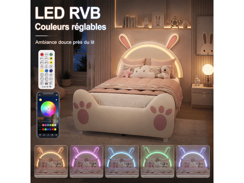 Lit fille 90x200 - oreilles de lapin led réglable et tête de lit- sommier à lattes - lit enfant rembourré princesse, lit enfant 90x200 avec sommier led, oreilles de lapin et tête de lit - lit fille 1 personne, design princesse m… - Conforama W