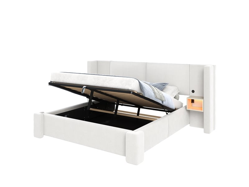  Lit coffre 140 × 200 cm 2 places avec led réglable, rangement hydraulique et tables de chevet, sans matelas, beige  - Conforama A