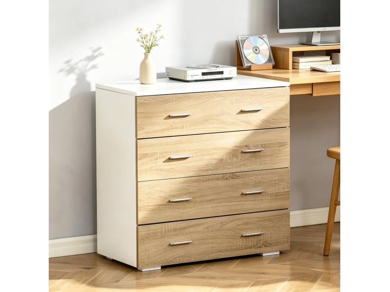  Commode de rangement 4 tiroirs 76 x 35 x 72 cm, blanc et bois clair, métal  - Conforama B