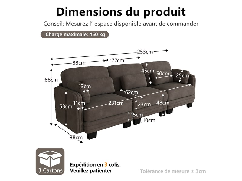  Canapé droit modulable 253 cm 3 places, accoudoirs amovibles, coussins lombaires épais à soutien renforcé, assise à ressorts ensachés, chenille, brun café  - Conforama D