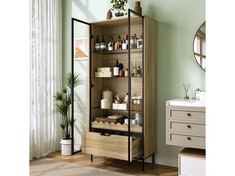  Vitrine en verre noir 4 niveaux avec éclairage led avec contrôle par application, 40x29x170 cm  - Conforama E