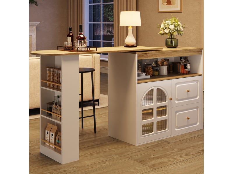 Table de bar pivotante à 360 degrés, îlot de cuisine extensible blanc avec rangements et portes en verre, 138-204cm - Conforama R