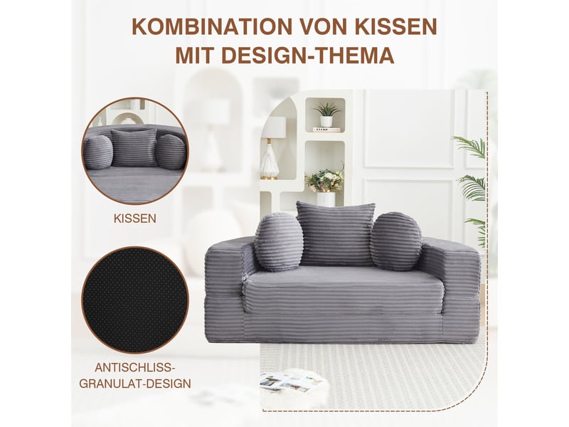  Canapé-lit 4 en 1 polyvalent pour petits espaces, utilisable comme canapé semi-rond ou lit de jour rond, deux coussins ronds et un coussin carré  - Conforama D
