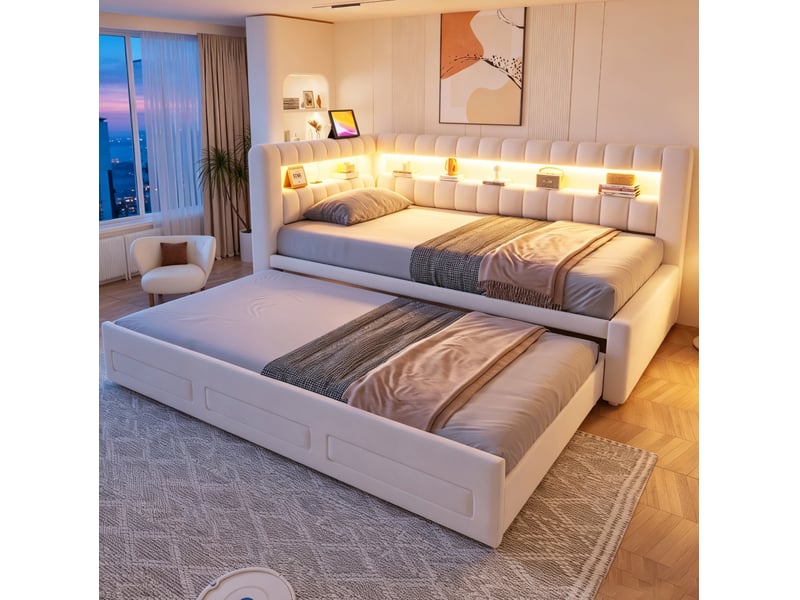  Lit gigogne 90x190 cm, lit jeune avec led, usb et rangement en métal et mdf couleur beige, design moderne  - Conforama D