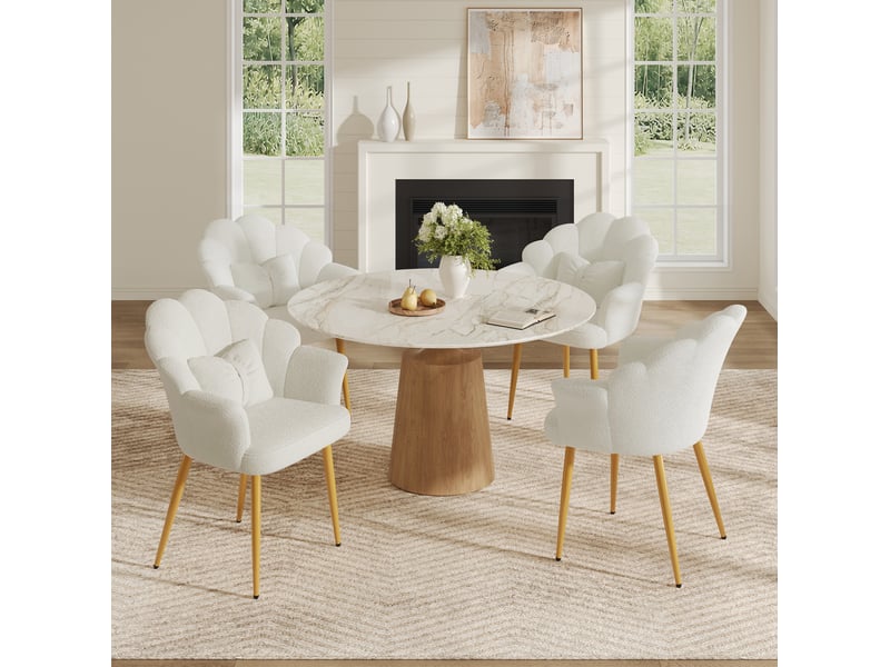 Lot de 4 fauteuils de salle à manger à dossier pétale en tissu teddy blanc - Conforama B
