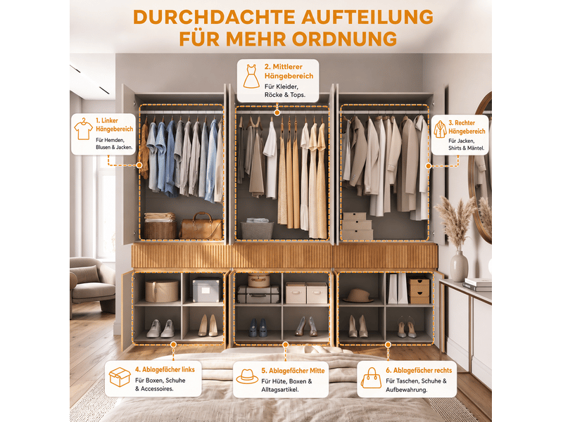 Armoire 12 portes 270x50x202 cm, 3 penderies, 3 tiroirs, mdf et panneaux de particules, chêne clair et gris  - Conforama D