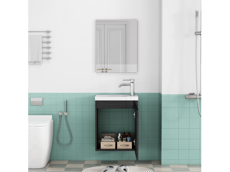  Meuble sous vasque mural avec lavabo, miroir, porte à charnières amorties et façade sans poignée noir brillant  - Conforama D