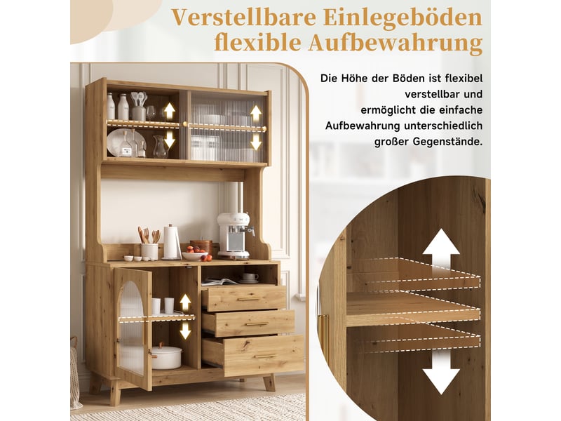 Buffet haut décor bois naturel 100,5 × 40 × 178 cm, 2 prises, usb-ausb-c, vitrage acrylique ondulé, grand format vertical - Conforama E