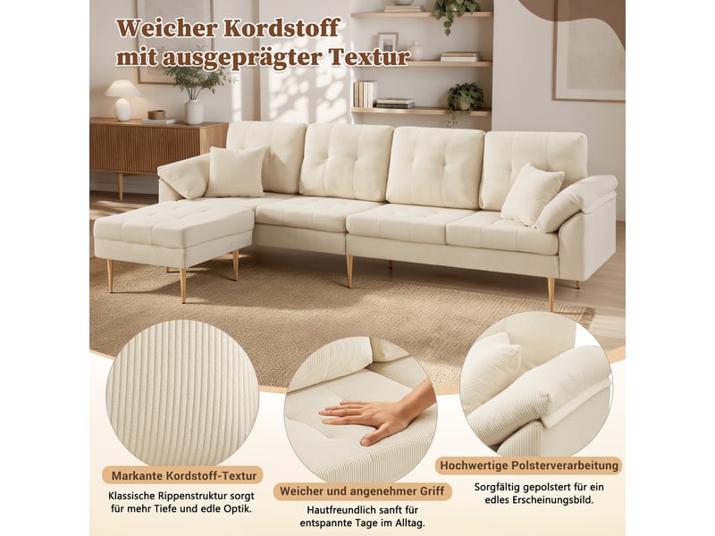  Canapé d'angle 4 places en tissu cordon avec pouf flexible, convertible en l, coussins épais moelleux, pieds en fer 20 cm, 250 cm, pour salon  - Conforama E
