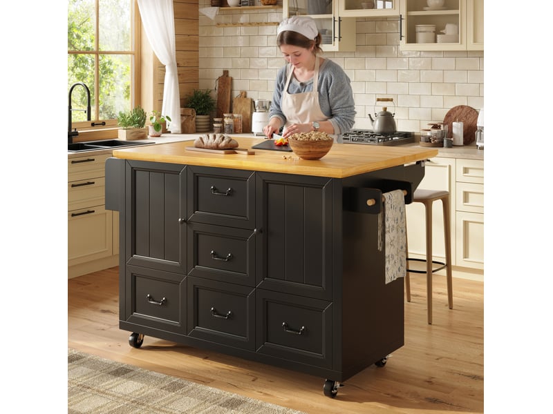 Îlot de cuisine mobile 120 x 4573 x 93 cm, 5 tiroirs, 2 portes, mdf et métal, noir - Conforama B
