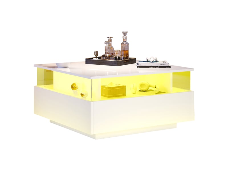  Table basse - carrée - blanc brillant - avec 2 tiroirs et compartiment - eclairage led - 70x70x41 cm  - Conforama A