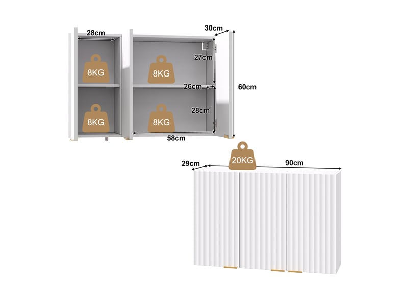  Armoire murale cuisine 90x29x60 cm blanche en mdf, 3 portes pour salon, salle de bain et buanderie  - Conforama C