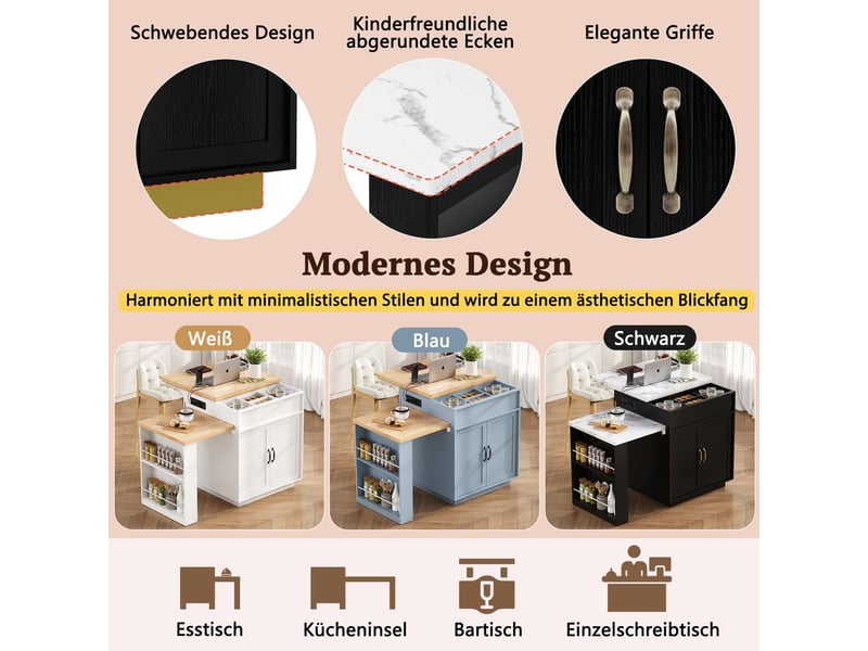  Îlot de cuisine table à manger extensible mobilité sur roulettes éclairage led multiprises intégrées usage multifonction finition noire  - Conforama D