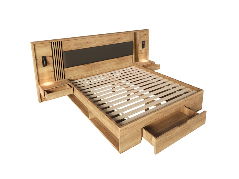  Lit adulte 160x200 cm, lit double en bois avec rangement, lampe de lecture, 2 chevets, mdf décor bois naturel, sans matelas  - Conforama E