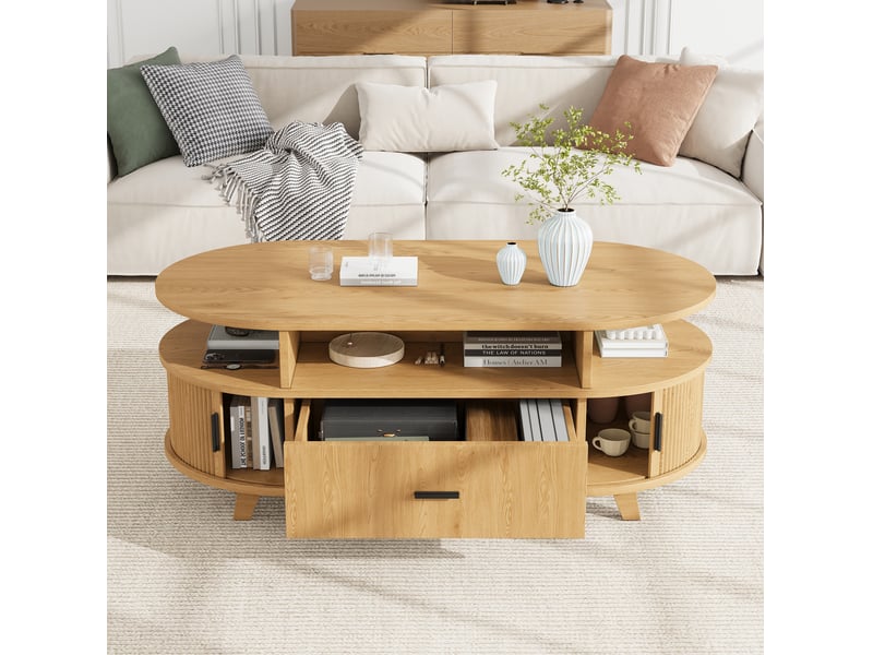  Table basse ovale avec 1 tiroir, 2 portes à rideau et 3 niches, style nordique, en mdf et aggloméré, naturel  - Conforama B