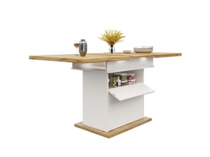 Table de salle à manger extensible avec rangement et fermeture douce 110-140×80×75 cm en mdf blanc naturel