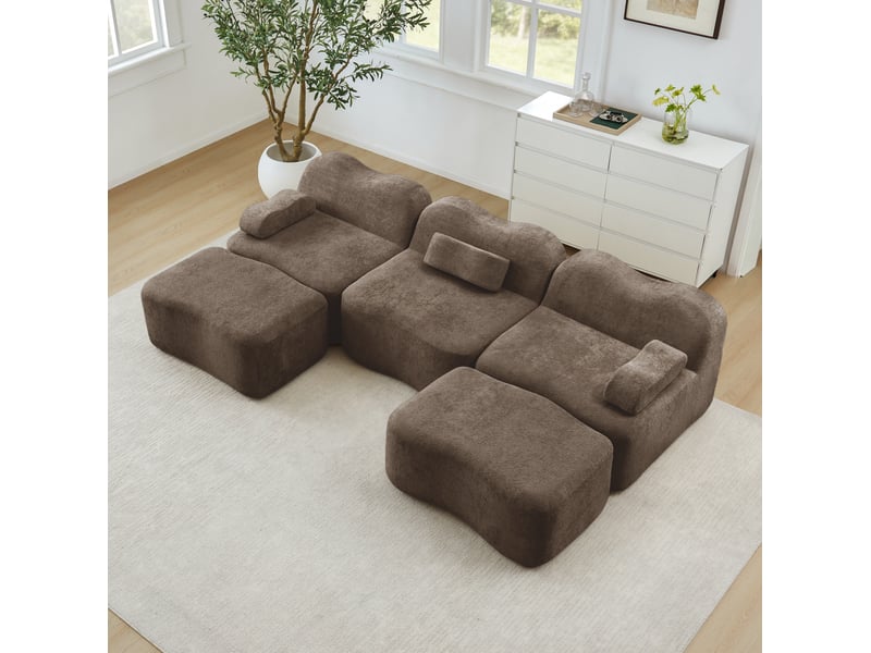 Canapé modulable ulevr 3 places en u avec 2 poufs, velours marron, assise profonde, 288 x 167 x 70 cm - Conforama E