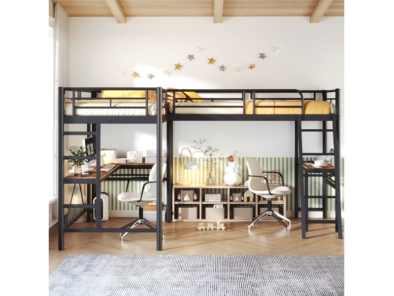  Lit mezzanine 2 places 90x200 cm en métal et mdf noir, avec bureau, double échelle et garde-corps haut, sans matelas  - Conforama E