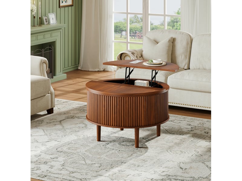  Table basse ronde relevable 80 cm marron avec rangement dissimulé et plateau pliant à soutien hydraulique rétro  - Conforama E