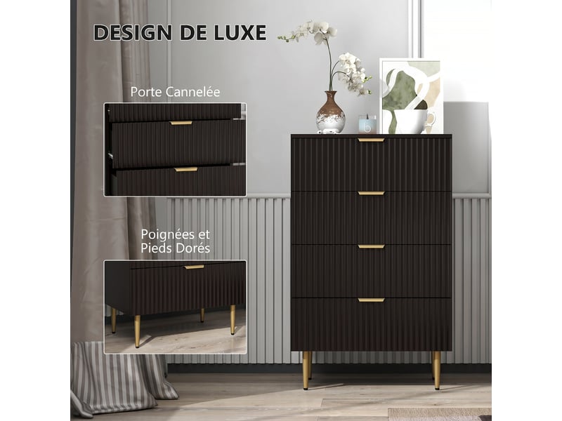  Commode 4 tiroirs commode chambre meuble de rangement moderne avec poignées et pieds dorés, noir, dim. 60 x 40 x 96 cm  - Conforama E