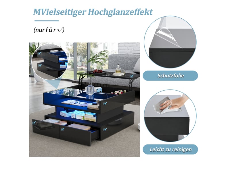  Table basse carrée relevable avec led, rangements et 2 tiroirs – noir – 80 x 80 x 45 cm  - Conforama E