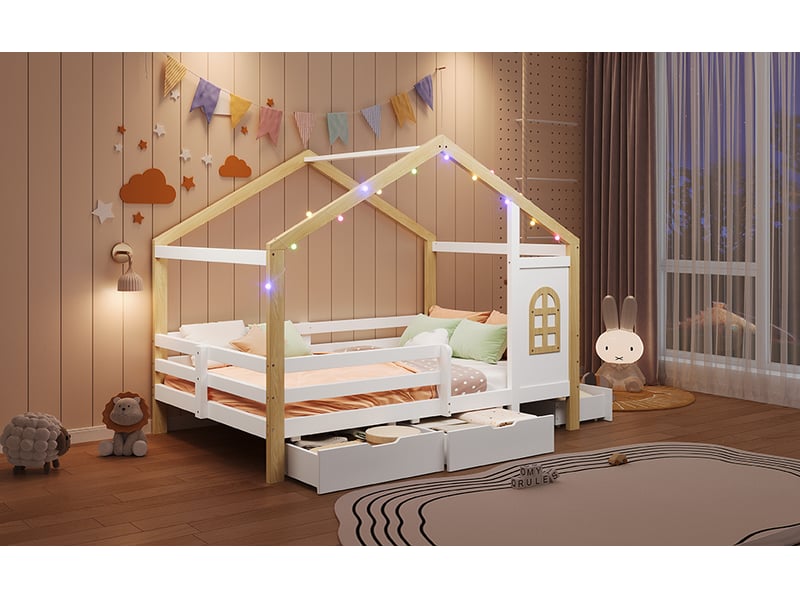  Lit cabane enfant 120 x 200 cm blanc et naturel, fenêtre décorative, barrières, trois tiroirs et guirlande lumineuse  - Conforama B