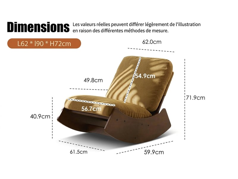  Fauteuil à bascule orange en velours côtelé, lot de 2 chaises à bascule avec structure en bois massif  - Conforama E